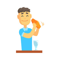 Canvas Print - Bartender man character standing at the bar counter shaking cocktail, barman at work cartoon vector Illustration