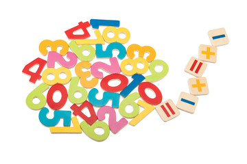 Bright wooden numbers and mathematical signs