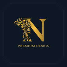 Gold Elegant Letter N. Graceful Style. Calligraphic Beautiful Logo. Vintage Drawn Emblem For Book Design, Brand Name, Business Card, Restaurant, Boutique, Hotel. Vector Illustration