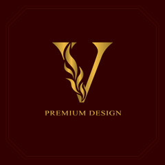 Gold Elegant letter V. Graceful style. Calligraphic beautiful logo. Vintage drawn emblem for book design, brand name, business card, Restaurant, Boutique, Hotel. Vector illustration