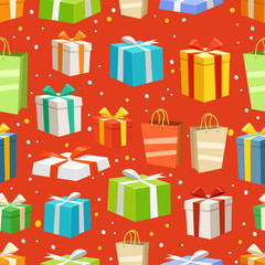 Poster - Different color gift boxes seamless pattern. Vector design elements