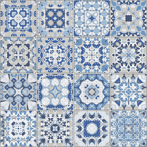 Fototapeta do kuchni A collection of ceramic tiles in blue colors. A set of square patterns in oriental style. Vector illustration.