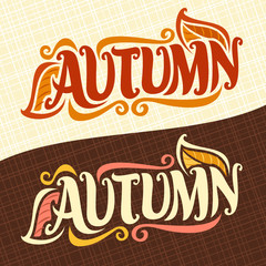 Wall Mural - Vector illustration for Autumn season: vintage fall double logo with leaves on geometric background, decorative handwritten font for word autumn, hand lettering typography for calligraphic autumn sign