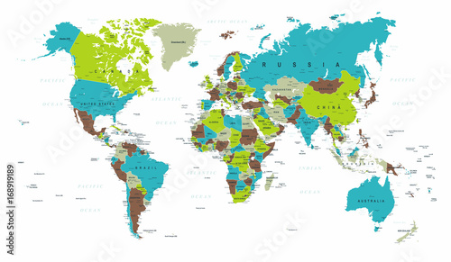 Zdjęcie XXL Światowa mapa Polityczny Błękitny Zielony Szary wektor