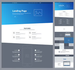 Wall Mural - One page website design template for business. Modern landing page responsive wireframe. Ux ui website: about us, features, video, gallery, order, subscribe, testimonials, map, questions, contacts