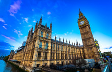 Panoramic View Of Big Ben And Westminster Parliament In London, United Kingdom At Sunrise 