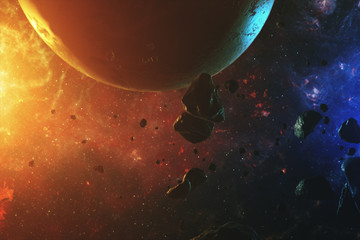 A beautiful colorful space with asteroids with sounds and a planet 3d illustration