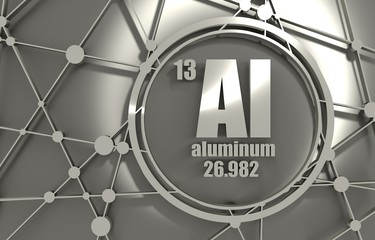 Poster - Aluminum chemical element. Sign with atomic number and atomic weight. Chemical element of periodic table. Molecule And Communication Background. Connected lines with dots. 3D rendering.