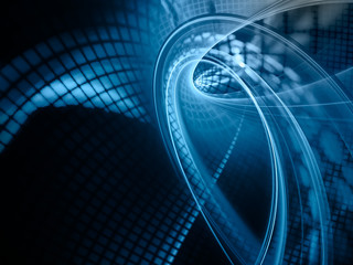 Poster - Abstract blue background element. Grids and curves series. Fractal graphics. Composition of net shapes, curves, motion blur and waveforms. High resolution.