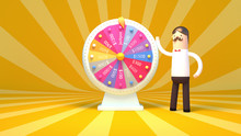 3d Rendering Picture Of Fortune Wheel And Cartoon Character.