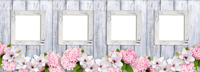 Wall Mural - Photo frames with magnolia flowers, roses and hortensia