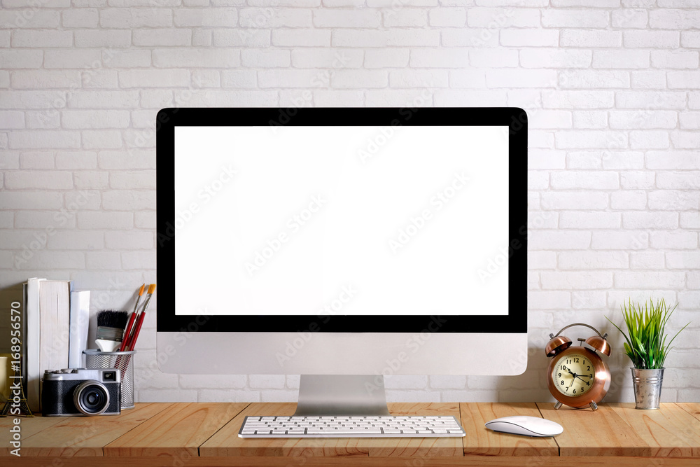 Foto de Stock Desk space modern home decor mock up desktop computer ...