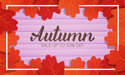Wall Mural - autumn banner. card with oak leaves frame and trendy autumn brush lettering. seasonal fall sale card