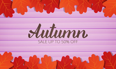 Wall Mural - autumn. sale banner with oak leaves frame and trendy autumn brush lettering. seasonal fall sale card
