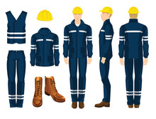 Man Worker In Uniform. Professional Protective Clothes, Boots And Yellow Safety Helmet. Various Turns Man's Figure. Front View, Side And Back View.