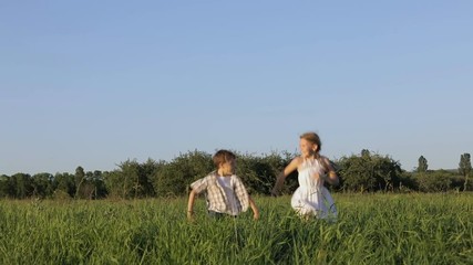 Wall Mural - Two happy children playing in the field at the day time. Kid having fun outdoors. Concept of happy game.