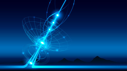 Fototapete - A large satellite dish transmits and receives a signal from space. Equipment for satellite TV and radio broadcasting. Radio signal propagates waves in space. linear technological background. VECTOR