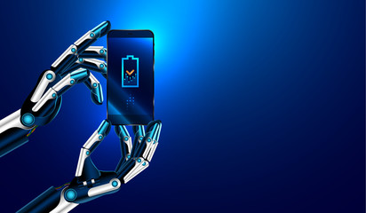 Poster - The robot advertise smart phone. Robot hands holding a smart phone and displays on its screen an icon of a charging battery. VECTOR