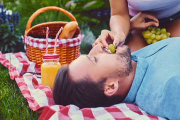 Wall Mural - Couple on a picnic in a park.