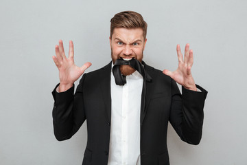 Sticker - Bearded man in suit posing on gray background with tie