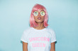 © Nabi Tang - Asian pink hair woman portrait with kaleidoscope glasses and unicorn queen shirt