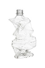 one crumpled clear plastic bottle isolated on white