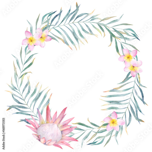 Summer colorful wreath with palm leaves and flowers. Watercolor hand drawn il...