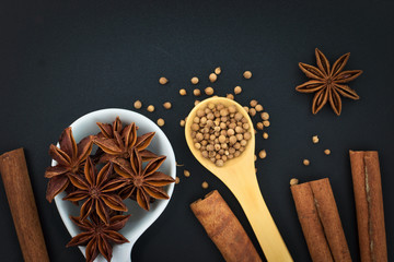 Wall Mural - Star Anise and Spices coriander seeds, cinnamon on black background with copy space