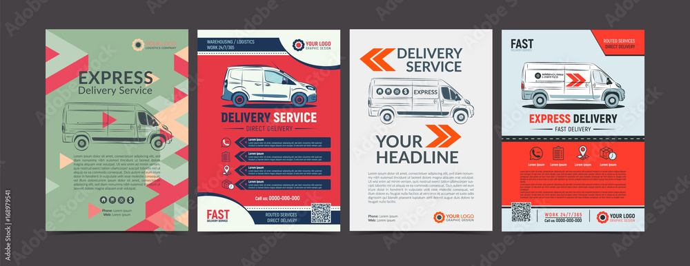 Set of Express delivery service brochure flyer design layout template. Fast delivery and quality service transportation magazine cover, mockup flyer. Layout in A4 size. Vector illustration. - obrazy, fototapety, plakaty 