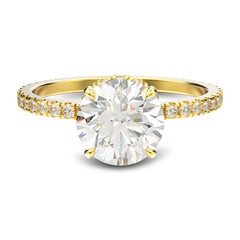 3D illustration yellow gold traditional engagement ring with diamond with shadow