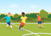 The People Playing Football In The Field Stadium. Soccer Man Players Vector Illustration.
