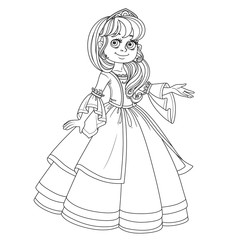 Sticker - Cute princess teen in lush dress and tiara shows away from herself outlined picture for coloring book on white background