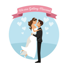 Sticker - white background with color circular frame poster of newly married couple groom carrying to bride vector illustration