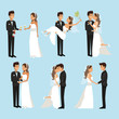 color background with scenes of newly married couple in different standing vector illustration