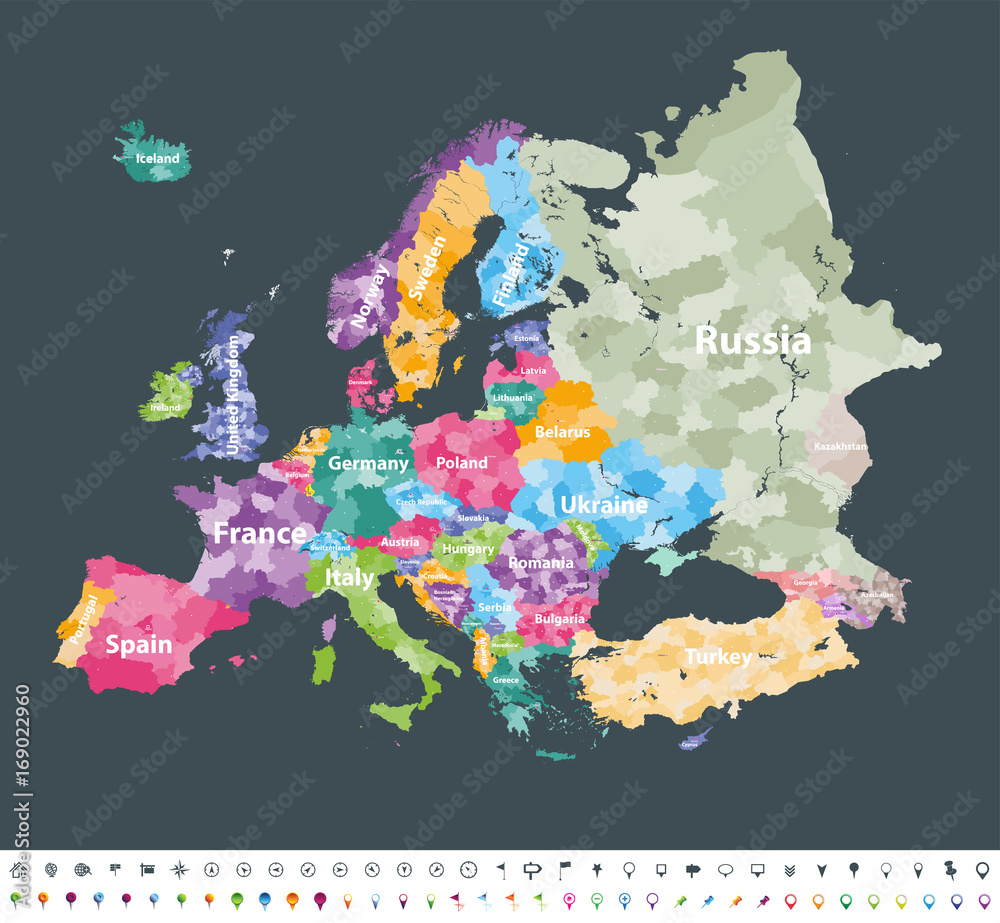 Europe map colored by countries with regions borders. Navigation ...