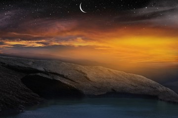 Crescent and many clouds in night sky  . Beautiful sunset with moon . Sunrise with clouds . Sunset Sky Background . Crescent and many clouds in night sky