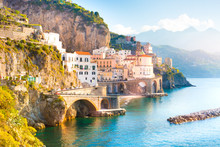 Morning View Of Amalfi Cityscape On Coast Line Of Mediterranean Sea, Italy

