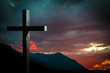 scene with Jesus cross on a background with dramatic sky and colorful sunset, sunrise. Jesus Christ wooden cross