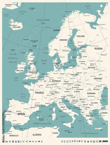 Fotografía Europe Map - Vintage Vector Illustration