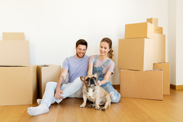 Poster - happy couple with boxes and dog moving to new home