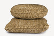 SET OF TWO LARGE RECTANGULAR AND ROUND NATURAL PLANT FIBRE BRAIDED DECORATIVE CUSHION POUF ON WHITE BACKGROUND