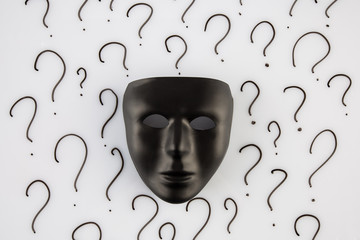 Black mask on  white background with black question marks. Who am I ? concept