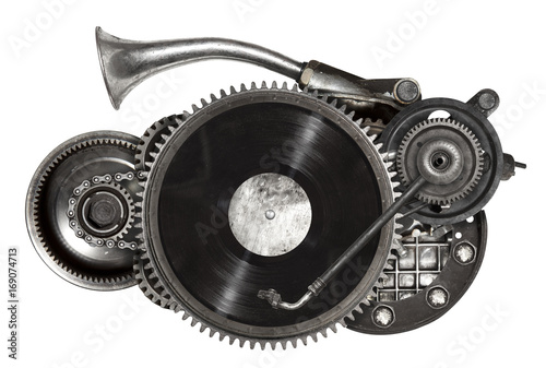 Steampunk old metal collage of vinyl record turntable Poster Mural XXL