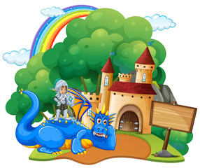 Wall Mural - Castle scene with knight and dragon