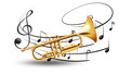 Golden trumpet with music notes in background