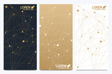 Poster - Modern golden set of vector flyer, banners. Modern stylish polygonal pattern with connected line and dots. Molecule and communication background for medicine, science, technology, chemistry.