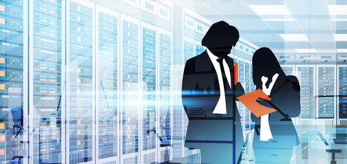 Fototapete - Silhouette People Working In Data Center Room Hosting Server Computer Information Database Flat Vector Illustration