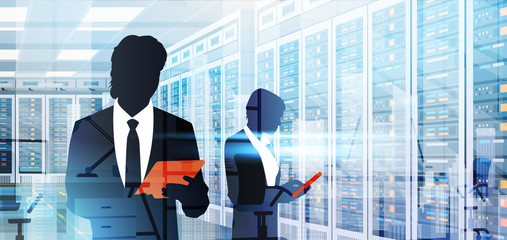Poster - Silhouette People Working In Data Center Room Hosting Server Computer Information Database Flat Vector Illustration