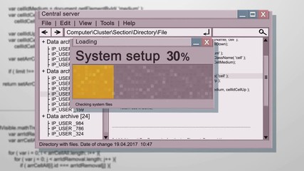 Poster - abstract animation of working screen of abstract computer os with system install or setup with error