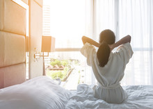 Life Balance And Relaxation Concept With Young Asian Girl Lifestyle Simply Waking Up In The Morning Take It Easy Having Some Rest In Luxury Hotel Room Or Home Bedroom